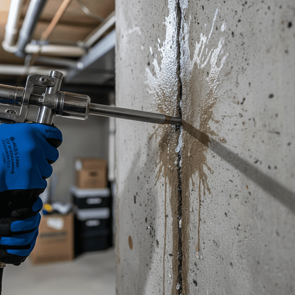 Foundation repair specialist applying waterproofing sealant to basement wall crack