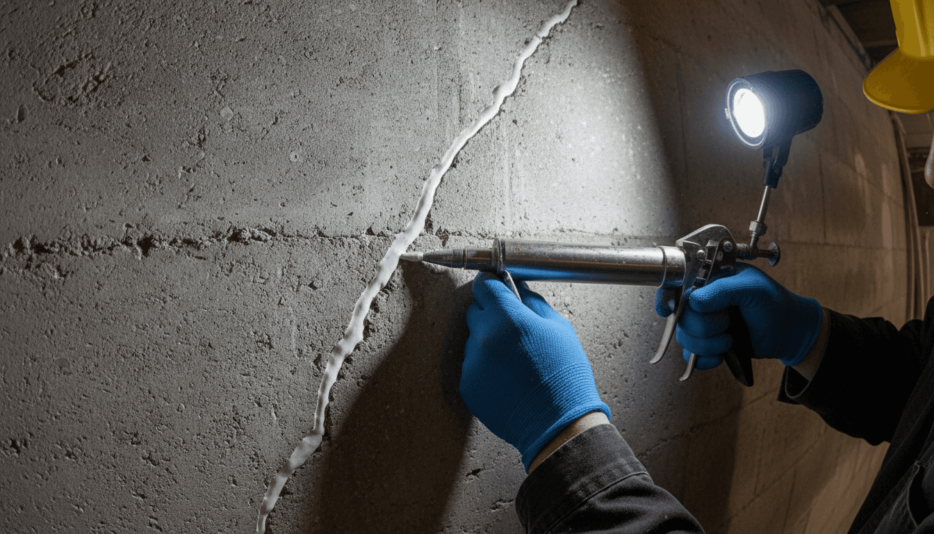 Foundation repair specialist working on concrete foundation repair and waterproofing